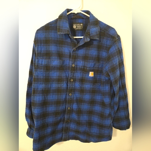 CARHARTT Flannel Plaid Shirt Men Size Medium Relaxed Fit Long Sleeve Blue Black - Picture 1 of 6